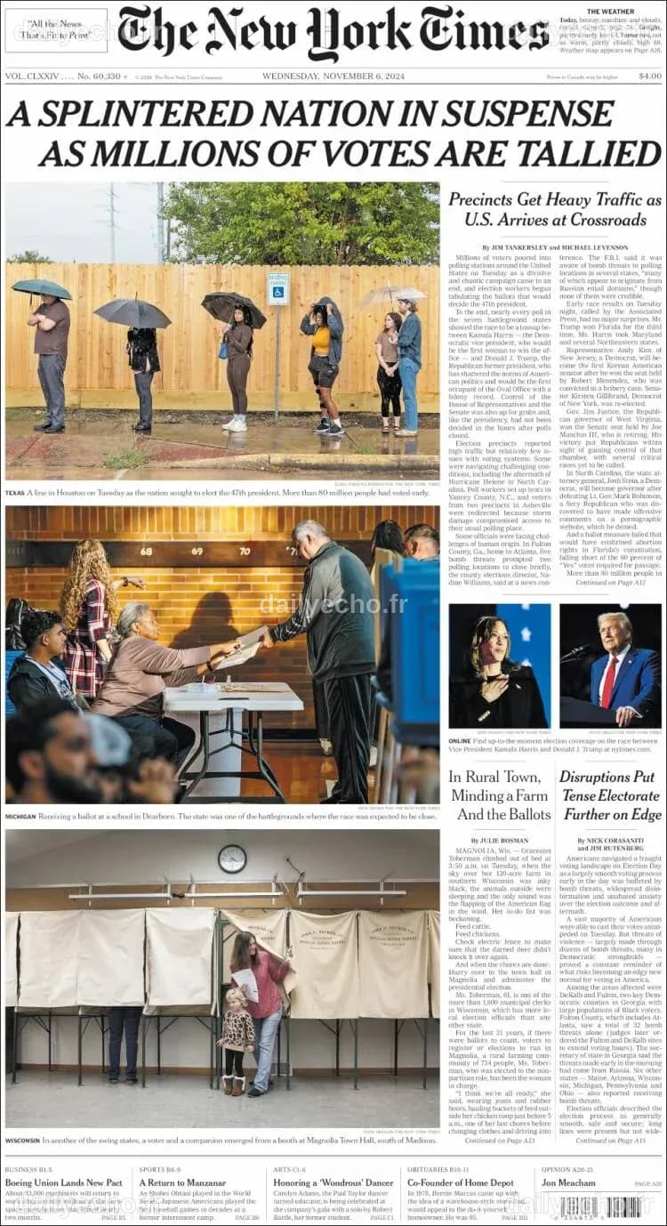 Journal New York Times (États-Unis). Les Unes des journaux de États ...