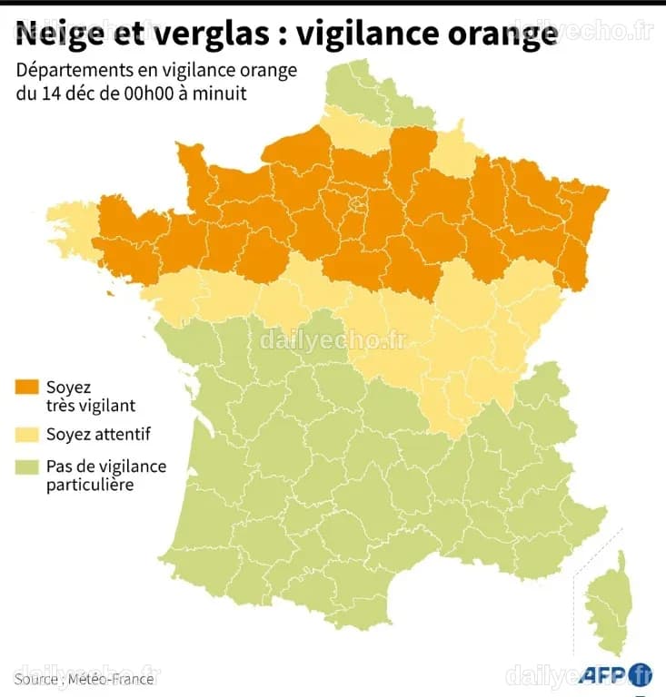 Neige et verglas: 33 départements placés en vigilance orange pour mercredi